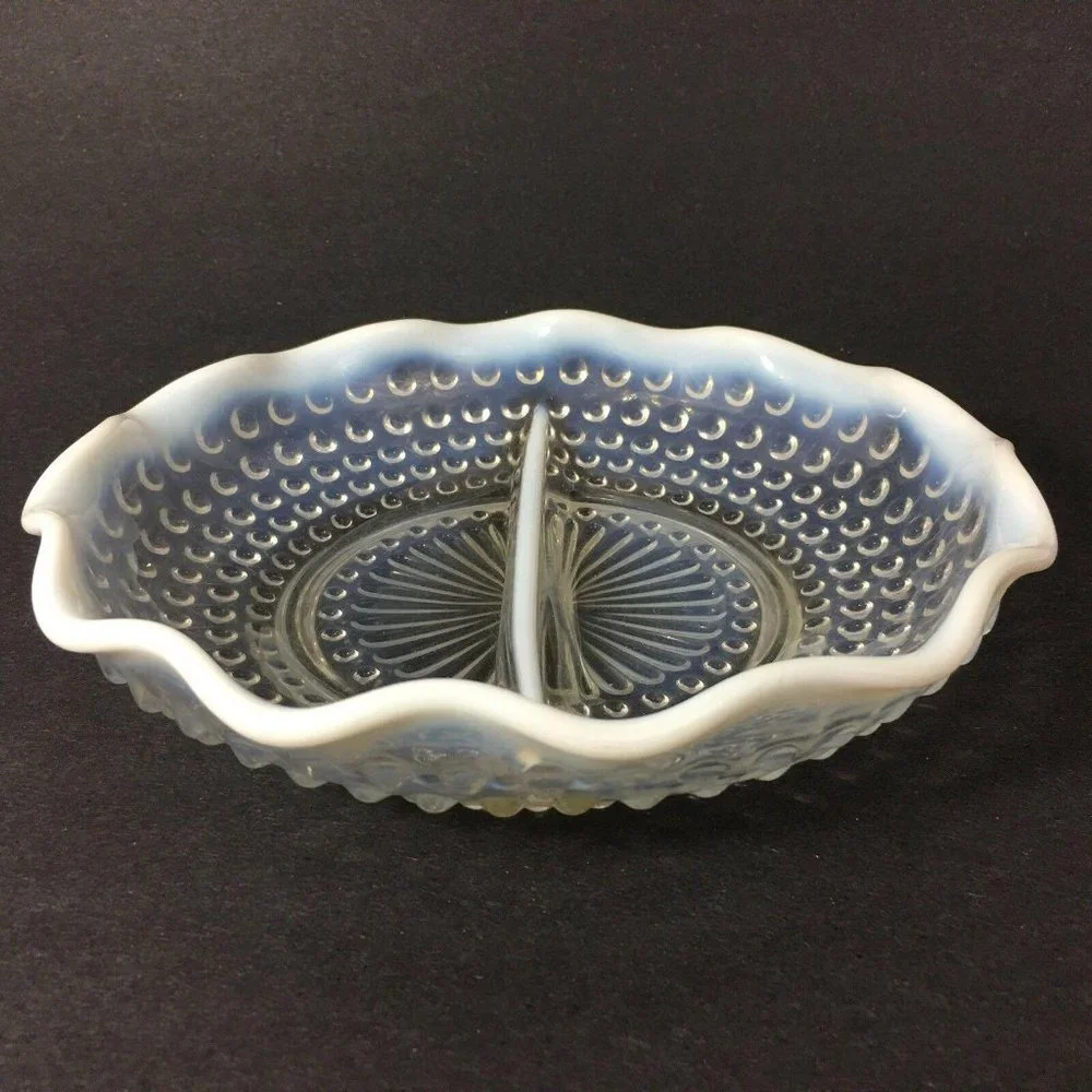 Fenton Opalescent Moonstone Hobnail Dish Glass Divided Round Scallop Edge 7 3/4
